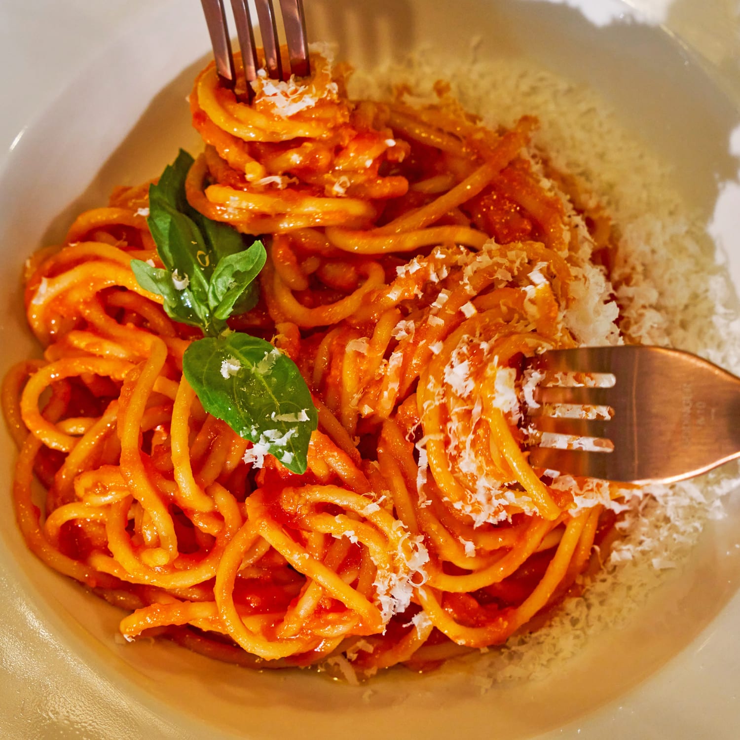 Pasta pomodoro with fresh basil